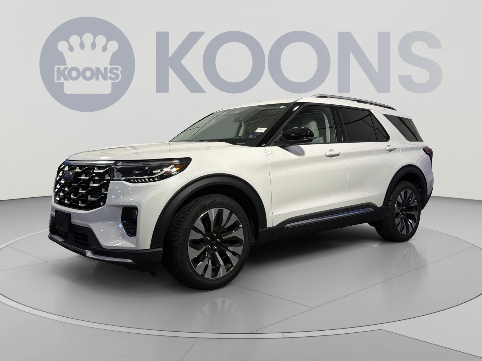 2026 Ford Explorer Platinum in White Metallic — front three-quarter view